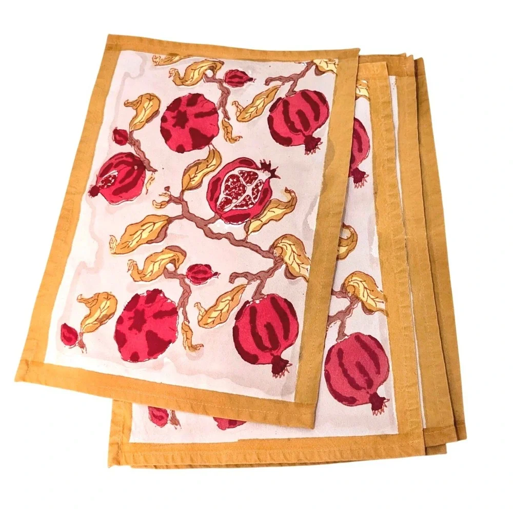 Couleur Nature Paris Bruno Lamy Pomegranate Cotton Placemats Set of 6 Red Gold